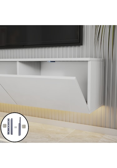 T0020 Alston Duvara Monte Tv Ünitesi Led Işıklı, Modern Tasarım, 160 Cm - Parlak Beyaz Parlak Beyaz