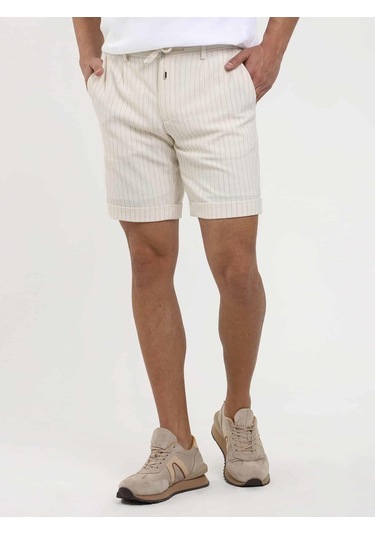 Dufy Ekru Erkek Slim Fit Çizgili Casual Short - 104661-Ekru