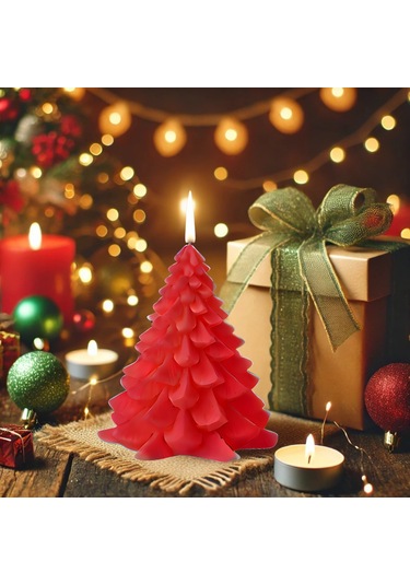 Büyük Kırmızı Dekoratif Yılbaşı Çam Ağacı Mum Kirmızı