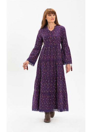 Uzun Kol Seçil Pazen Uzun Elbise Çıtır Desen Mor Mor