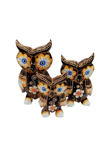 Ahşap Aborjin Üçlü Baykuş Dekoratif Biblo No.1 17 Cm