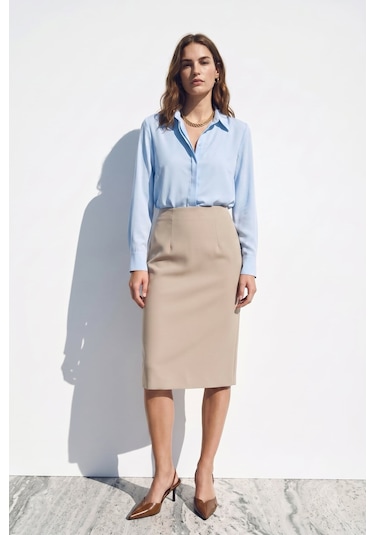 Sateen Düz Kalem Etek - Koyu Bej-137399