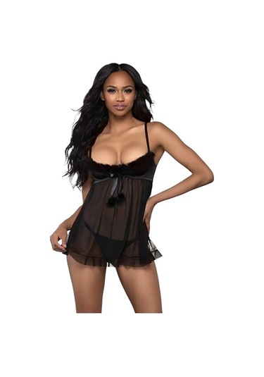 New Dreams Modern Şık Rahat Tüllü Siyah Tasarım Jartiyer Gecelik Set Siyah