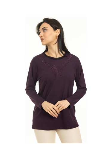 Yeni Sezon Kadın Orta Yaş ve Üzeri Yeni Desen Triko Yaka Likralı Anne Penye Bluz 30520-mürdüm Mürdüm