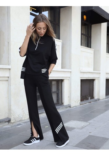 Soonaksesuar Kadın Polo Yaka Paça Yırtmaçlı Ribanalı İkili Takım Siyah