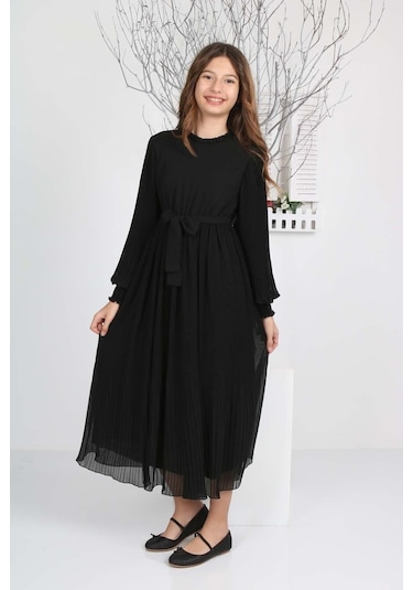 Kız Çocuk Uzun Boydan Pliseli Şifon Elbise Siyah
