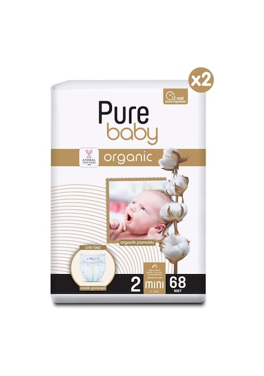 Pure Baby Organik Pamuklu Cırtlı Bez 2'li Paket 2 Numara Mini 136 Adet 2'li