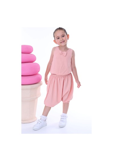 Zuzunga Airobin Kumaş Fiyonk Detaylı Kız Çocuk Şalvar Tkımı Alt-üst Pembe