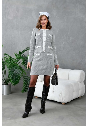 Kadın Düğme Detay Etekli İkili Triko Takım Taş