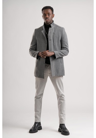 Slimfit Hakim Yaka Düğme Kapamalı Yan Cepli Astarlı Tek Yırtmaçlı Yünlü Kaşe Kaban Gri