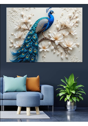 Beyaz Tavus Kuşu Kabartması Dekoratif Kanvas - Mdf Ahşap Tablo