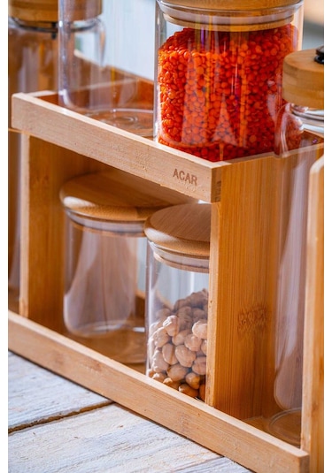 Malibu Bambu Standlı 12 Li Borosilikat Cam Baharatlık Seti Şeffaf