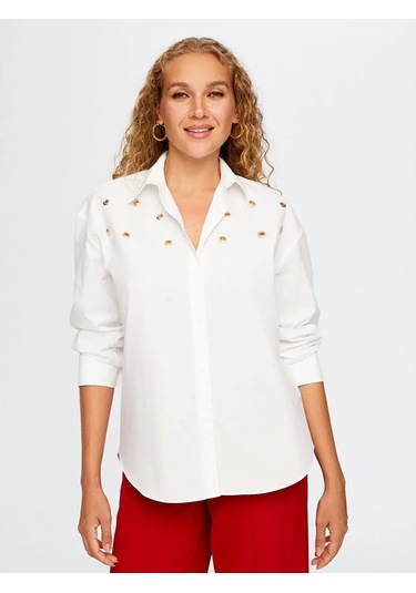 Faik Sönmez Taşlı Trok Aksesuarlı Poplin Kadın Gömlek W26gml008 Beyaz