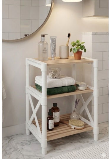 Zenna Ekolojik Ahşap Minimal Banyo Rafı Beyaz Beyaz