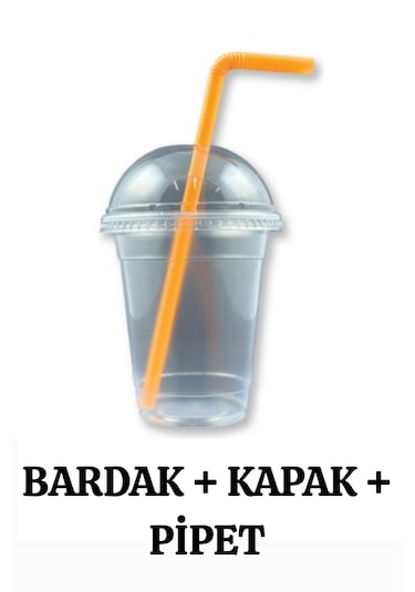 Plastik Milkshake Bardağı Pipetli Kapaklı 100'lü İçecek Şeffaf 350 Cc Ml Meşrubat Bardağı Cup