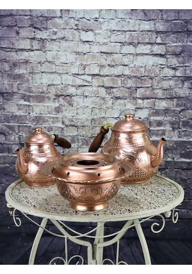 Gül Çiçek Eskitme Bakır Çaydanlık ve Osmanlı Ocağı Bakır