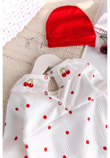 Kiraz İşlemeli Pamuklu Kız Bebek Tulum Kırmızı
