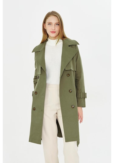 Pastelastore Esnek Pamuk Gabardin Midi 95cm Astarsız Kadın Trençkot 1118 Haki Yeşil