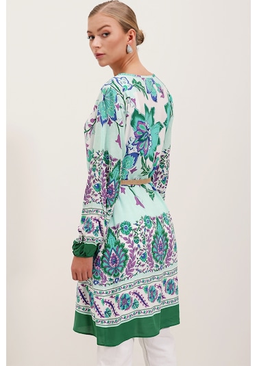 5902 Kemerli Desenli Elbise - Yeşil 001