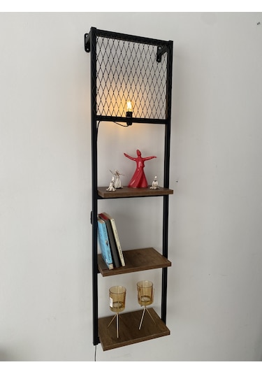 Kitaplıklı Aplik Duvar Rafı Ve Lambader Siyah
