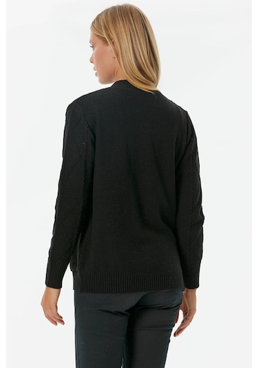 Düğmeli Saç Örgülü Triko Hırka  - Siyah