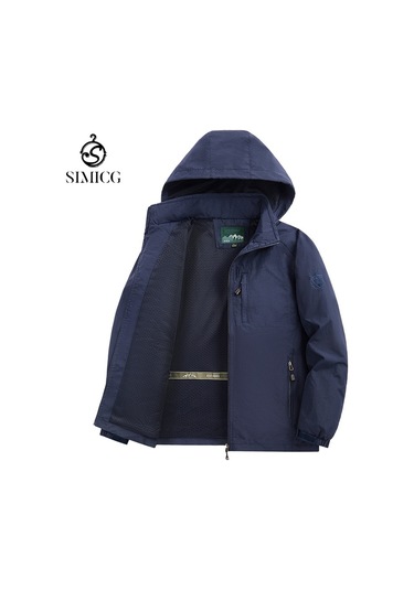 Erkek İlkbahar Ve Sonbahar Spor Rahat Çıkarılabilir Kapüşonlu Rüzgar Geçirmez Ve Su Geçirmez Ceket Mavi