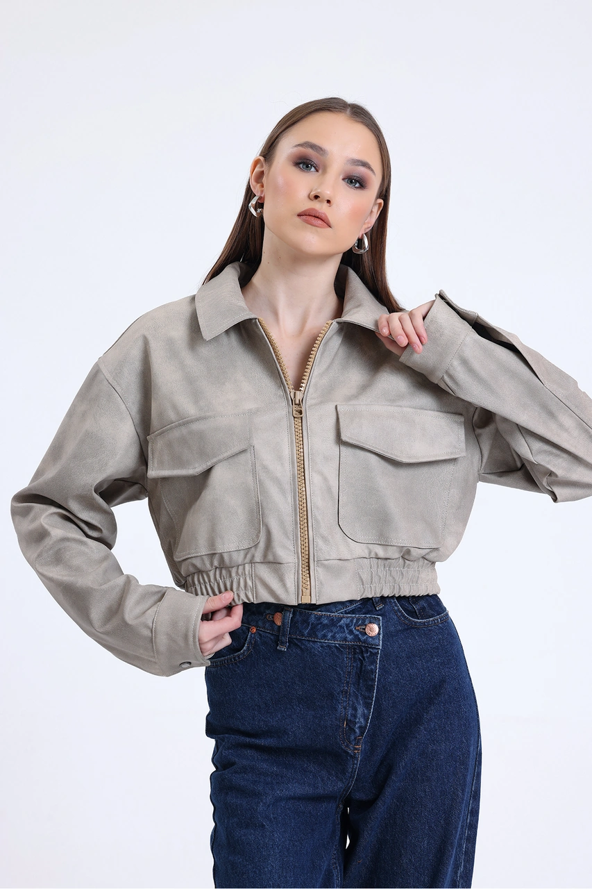 Kadın Deri Oversize Astarlı Kol Çıt Çıt Düğmeli Deri Mont Fermuar Kapamalı Kolej Mont Bej Bej