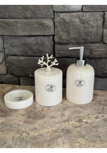 3'lü Set Beyaz Mermer Gümüş Aksesuarlı Sıvı Sabunluk, Makyaj Pamukluk, Katı Sabunluk Beyaz