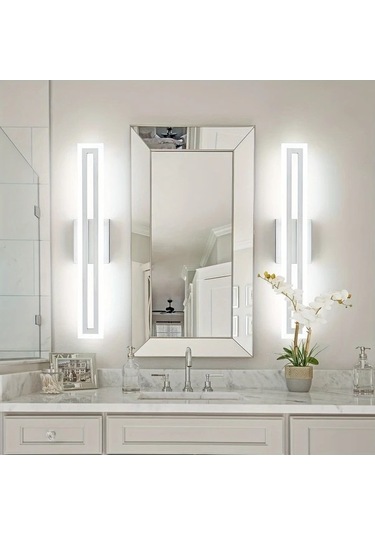 Fastbuy Beyaz 24'' Led Ayna, Fırçalanmış Nikel Montaj, 6000k Duvar Montaj Banyo Lavabo Işıklı Beyaz