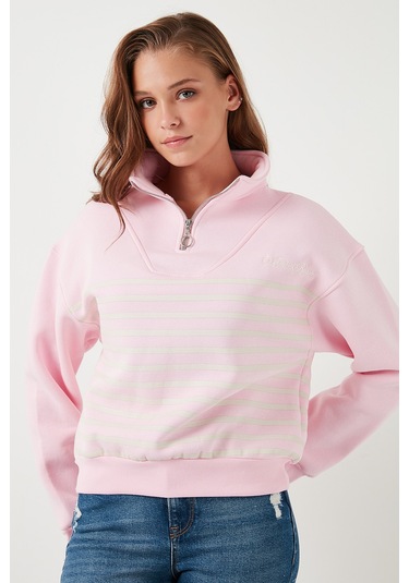 Lela Streç Oversize Fit Yarım Fermuarlı Dik Yaka Bayan Sweat 5865883 Şeker Pembe