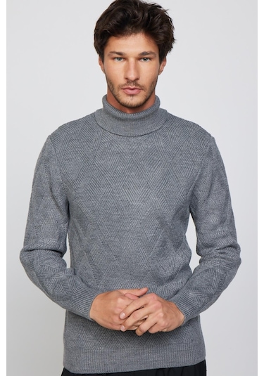 Tudors Slim Fit Dar Kesim Tam Balıkçı Yaka Desenli Gri Erkek Triko Kazak-29718-gri Gri