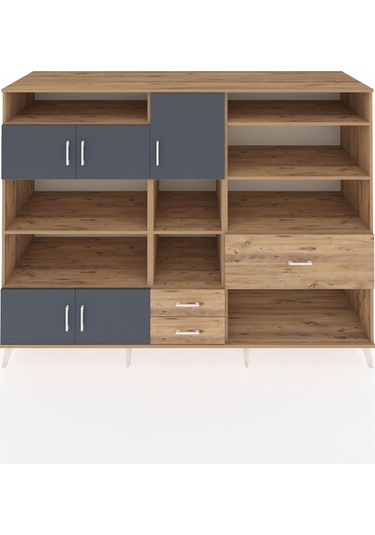 Kronos Dolap 13 Raflı 3 Çekmeceli 5 Kapaklı 220x59x163 Çam-antras Çam-antrasit/çam