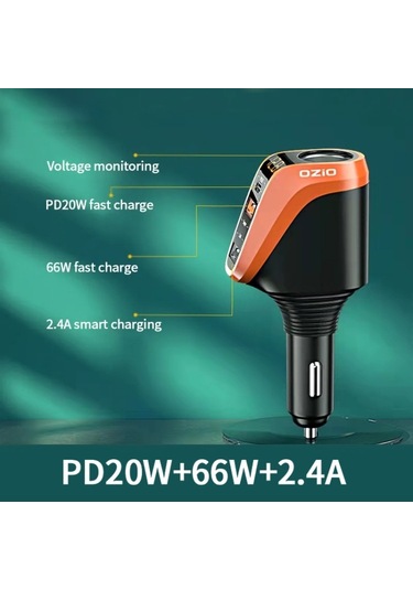 Sones Ozio Dy48tc 188w Type-c + Usb Çift Bağlantı Noktalı Çok Fonksiyonlu Araç Şarj Cihazı, Çakmaklı Turuncu