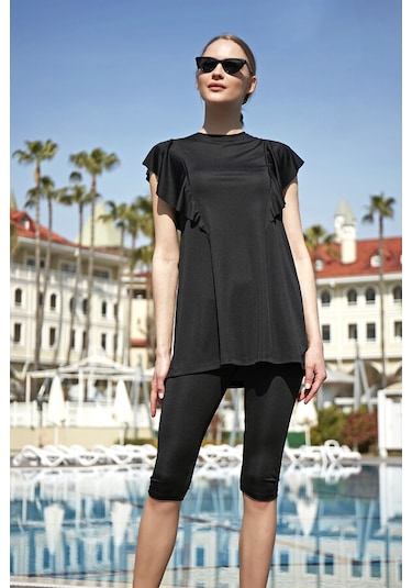 Remsa Fırfır Volan Detaylı Yarı Kapalı Mayo 2150 Hilal Siyah