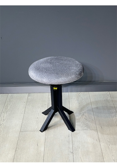 Tabure Gri Puffy Bukle Kumaş Puf Makyaj Masası Sandalyesi Metal