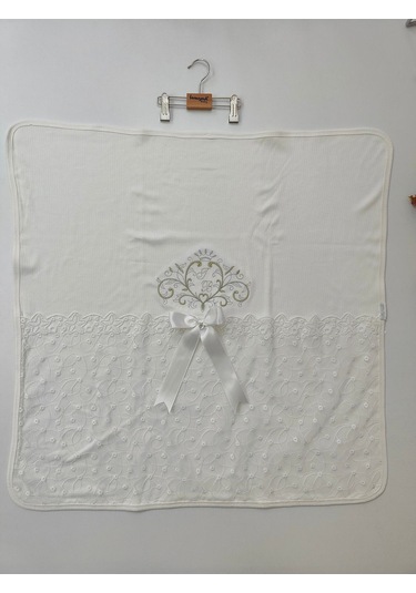Pembe Kız Bebek Battaniyesi %100 Pamuklu Şık Dantelli Nakışlı Doğal Organik Uyku Örtüsü Yenidoğan Ekru