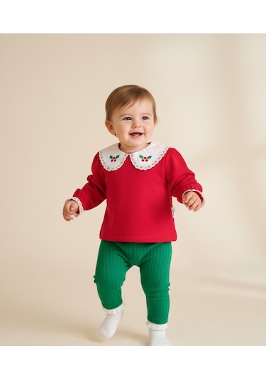 Dantel İşlemeli Bebek Yaka Kırmızı 3 İplik Şardonlu Badi Ve Fitilli Yeşil Eşofman Altı Kırmızı
