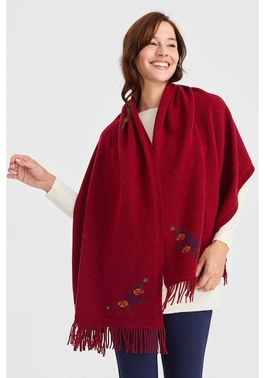 Desen Triko Kadın Triko Kenarı Çiçekli Yün Şal 23224 V.kırmızı Kırmızı