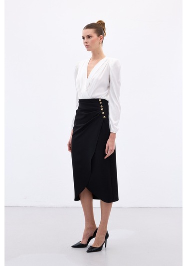 Sateen Düğme Detaylı Kalem Etek - Siyah-136776 Siyah