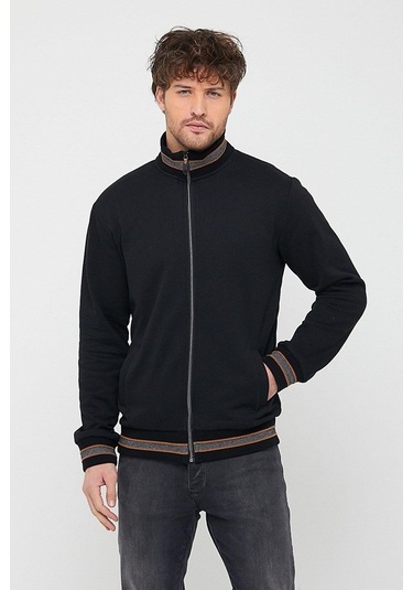 Comeor Erkek Siyah Regular Fit Dik Yaka Fermuarlı Uzun Kollu Hırk Siyah