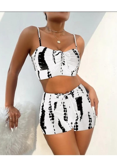 Kadın Büzgü Detay Askılı Crop Mini Tayt Ikili Takım Beyaz