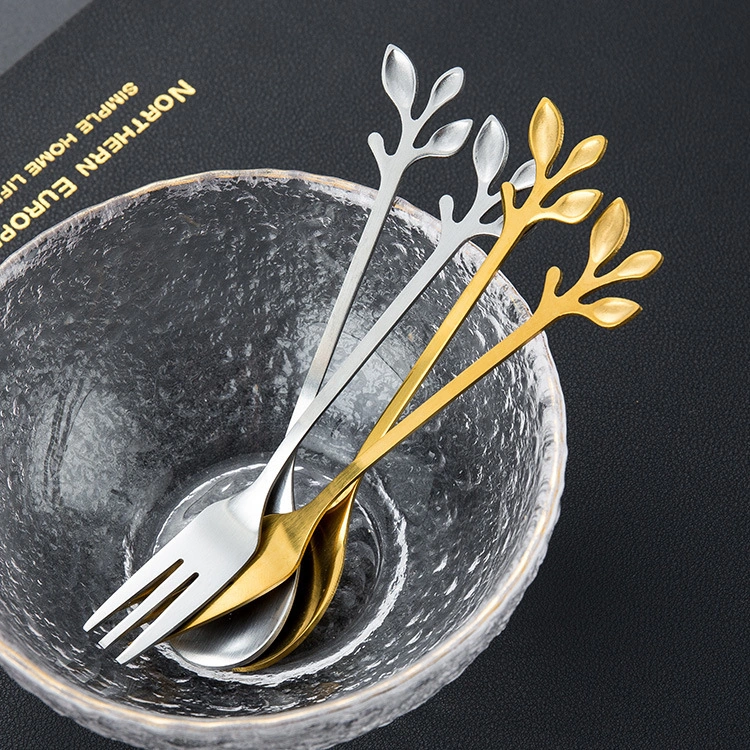 Kangvka Titanyum Kaplı Paslanmaz Çelik Gölge Dal Şekilli Kahve Karıştırıcı, Kurabiye Ve Meyve Kaşığından Oluşan Zengin Tabak Ürünleri Seti Diğer