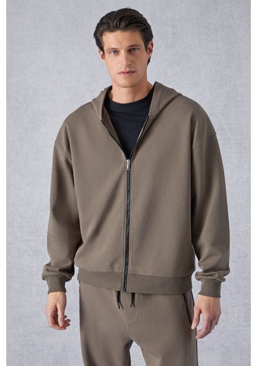 GRIMELANGE Ralf Erkek Kapüşonlu Uzun Kol Baskı Detaylı Fermuarlı Oversize Koyu Kahverengi Ceket Koyu Kahverengi