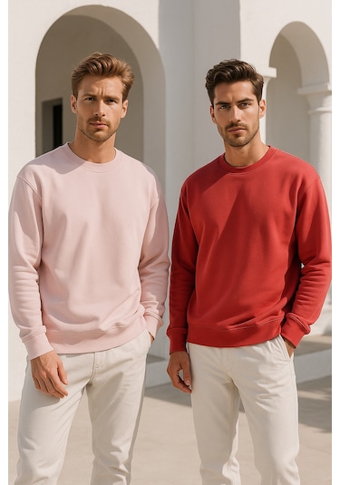 Rich Erkek 2'li Paket Nar Çiçeği - Pudra Bisiklet Yaka Scuba Basic Sweatshirt Pudra