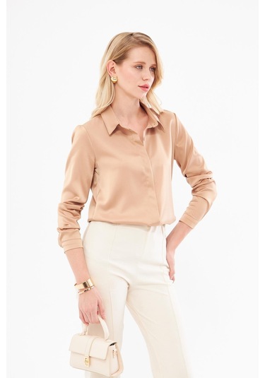 Klasik Saten Gömlek Vizon Vizon