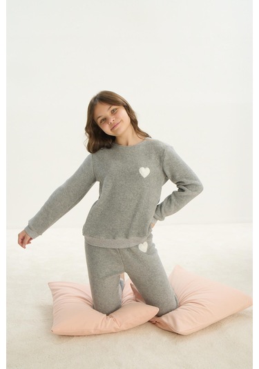 Kız Çocuk Garson Uzun Kol Polar Gri Melanj Pijama Takım C0t5n7o8 001