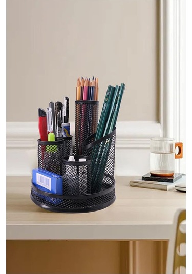 Döner Metal Masaüstü Düzenleyici 1 Adet Organizer Kalemlik Siyah Renk Hareketli 360 Derece Döner Kalemlik Fileli Siyah
