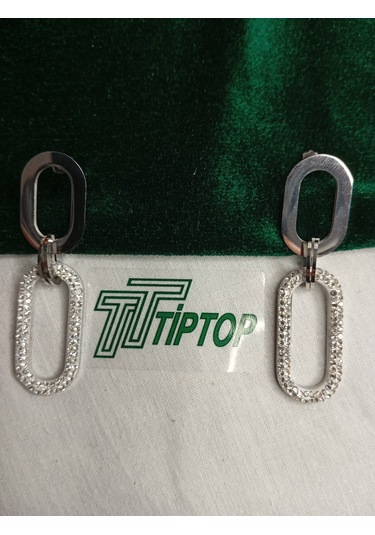 Tiptop/ / Gümüş Renk Zirkon Taşlı Sallantılı Model Çelik Küpe Gümüş