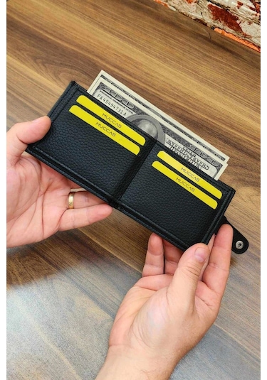Erkek Cüzdan Bozuk Para Cepli Çıtçıtlı Kapak 8 Kart Cepli Modern Tasarım Siyah Renk Siyah