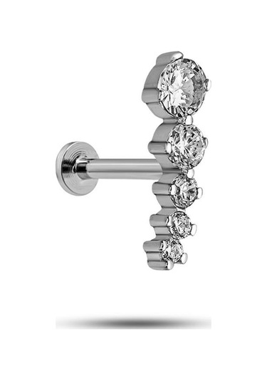 925 Ayar Gümüş Rodyumlu Minimal Süzme Beş Taşlı Tragus Piercing Küpe